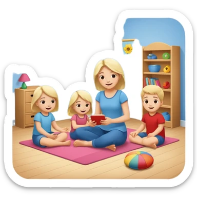 create a flat illustration of a children's room where the mother is sitting on the floor and two children are playing nearby sticker