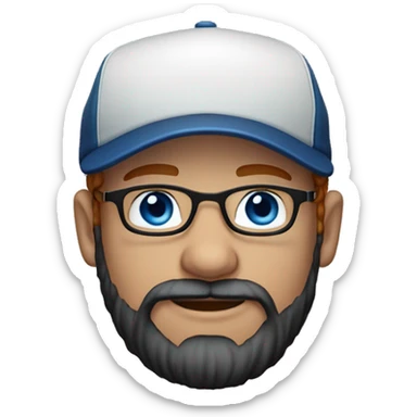 30 years old, male, short curly red hair, glasses, black baseball hat, blue eyes, pale complexion, thick beard and thin mustache sticker