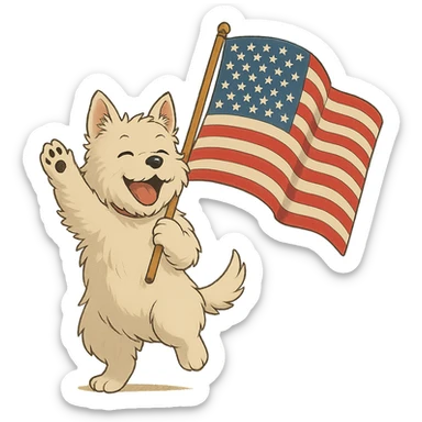 white Westie dog joyfully waving a United States flag, ghibli-inspired illustration style sticker