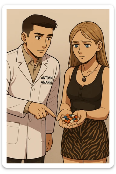 fai un webtoon/manga a colori con questo kinesiologo in camice bianco (fagli la scritta "ANTONIO ANANIA" SUL CAMICE) CHE PARLA CON QUESTA RAGAZZA CON GLI OCCHI AZZURRI. LA RAGAZZA HA UN PUGNO DI INTEGRATORI IN MANO (TANTE PILLOLE DIVERSE) E LE GUARDA DUBBIOSA. IL KINESIOLOGO CON IL CAMICE BIANCO LE TOCCA LA PANCIA CON UN DITO. NON FARE I FUMETTI, FAI SOLO LORO COME SE DIALOGASSERO sticker