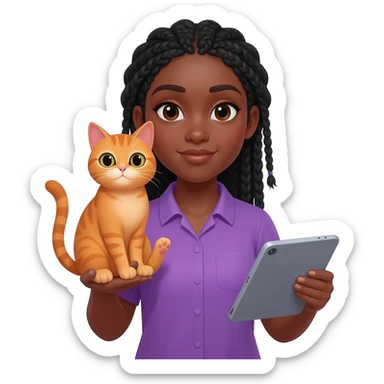 Émoji représentant une femme peau marron avec des longues nattes noires, une chemise violette, tenant un chat orange dans une main et une tablette dans l'autre sticker