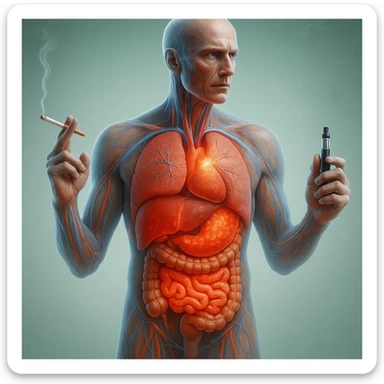Create a medical illustration in hyperrealistic 4K, exactly matching the style of the provided reference image. Depict a realistic anatomical human body with inflamed liver and intestine highlighted. The figure is holding a lit normal cigarette in the right hand and an electronic cigarette in the left hand. Use a clear background, extremely detailed, with the same lighting and style as the reference. sticker