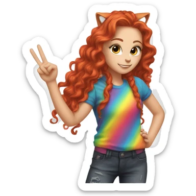 a white girl with long red curly hair in a pony tail with rainbow shirt does peace sign wearing cat ears one black other white sticker