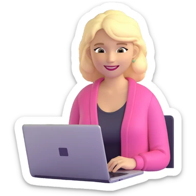 blonde woman in a pink cardigan smiling and typing on a laptop sticker