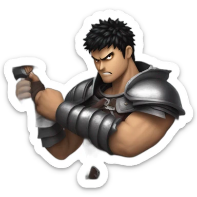angry berserk guts carrying a huge sword on his shoulder framed on his bust sticker