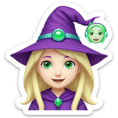 Make a blonde girl with green glowing headset on with teal eyes and a purple haired girl with green eyes waering a purple wit hes hat haveing fun , make them a chibi emoji page sticker