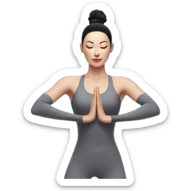 Pale skinned fit woman In a gray tight yoga suit and wristbands With black hair in a bun performs an asana sticker