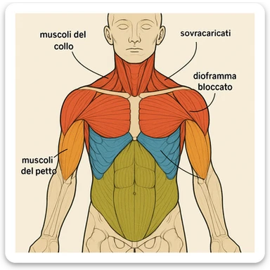 vista anteriore del busto umano con diaframma bloccato, muscoli del collo e scapole sovraccaricati, colori diversi per ogni area, didascalia in italiano sticker
