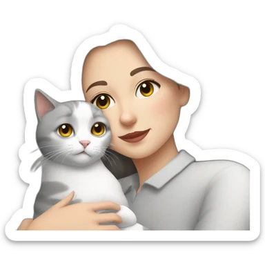 White grey cat cuddling brunnette lady sticker