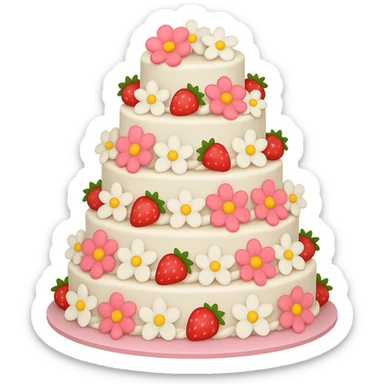 Add even more pink and white flowers to the white wedding cake with strawberries, no topper, in emoji style, with no background. The style should resemble emoji style with vibrant colors and simple shapes. sticker