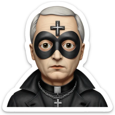 cinematic ultra HD portrait of Joel-Peter Witkin,  he wears a small black mask, a small crucifix is ​​sewn onto the black mask between the eyes of the portrait, he wears a worn leather coat sticker