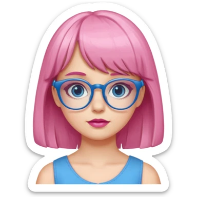 Cute white girl has bang and glasses wear pink make up and dress all blue sticker
