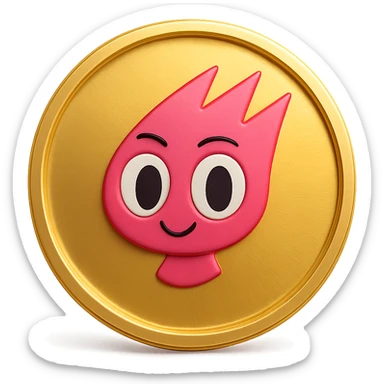 Create a simple flat gold coin with a thin rim and transparent background, no shadows. The coin features only the mascot's head from the provided image, centered and in pink color. No neck or extra details, just the head. sticker