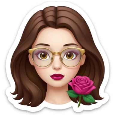 Beautiful pale brunette girl with soft hazel-brown eyes, long pretty lashes, and glossy raspberry lips, long hair and golden rose glasses  sticker