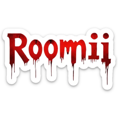 Dark horror cinematic wallpaper foggy grey and charcoal background with subtle pale light from top-left,  cinematic grain and vignette, scattered floating dust particles , centered bold text "ROJONI" in distressed horror font with faint red smear and inner shadow, moody  sticker