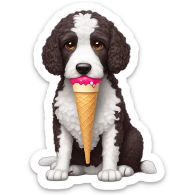 Spanish water dog liking an ice-cream sticker