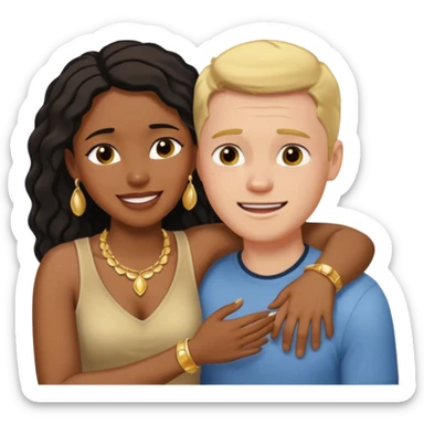 interracial couple. Black smiling woman with nice jewelry. White man crying with his arm around her shoulder. sticker