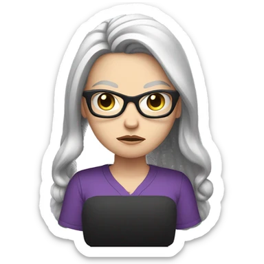 Angry scowling white girl, purple shirt, long black hair, wearing glasses, with arms crossed over chest. sticker