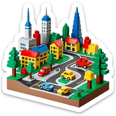 A photorealistic icon featuring a cityscape built from colorful LEGO bricks, with LEGO buildings, roads, cars, and trees. The design highlights the intricate details of the LEGO structures, capturing the creativity and fun of building with LEGO. Transparent background. sticker