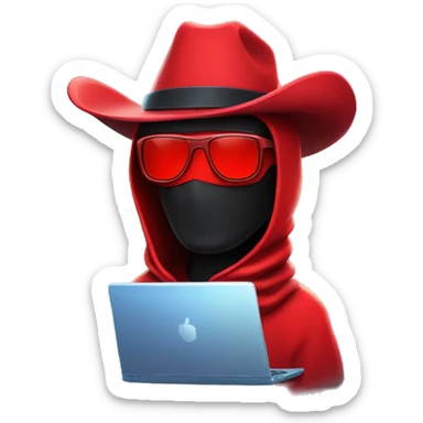 developer behind his laptop with this style :  neon glowing bright red character dark wearing red balaclava assassin themed character sunglasses with big red cowboy hat sticker