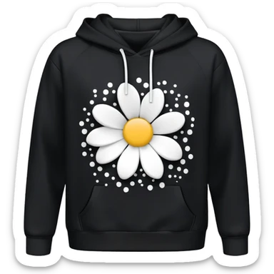 The BLACK Hoodie has a solid black base, accented with distinctive white open flower spots. Each flower has an empty space in the center, creating a hollow, ring-like appearance. These patterns are scattered across the hoodie for a bold and unique design. sticker