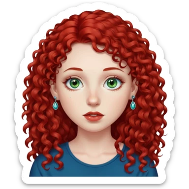 Red curly long hair with side fringe woman, pale skin, green/blue eyes, lower right lip piercing stud, nostril nose stud sticker