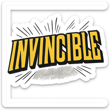 the word 'Invincible' in a dynamic, action-packed comic book style, yellow letters with black outline, no background sticker