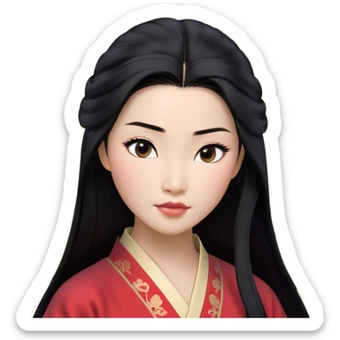 Cinematic Realistic Mulan Portrait, depicted with lifelike skin texture, soft natural lighting, and intricately detailed long black hair styled elegantly. Her deep, expressive eyes exude determination and grace, complemented by a serene yet confident expression. She is dressed in her classic attire, with rich fabric textures and delicate folds that catch the light beautifully. The portrait features a soft, enchanting glow with a natural, radiant finish, capturing the essence of timeless strength and beauty in a realistic and painterly style, evoking a sense of depth and authenticity. sticker