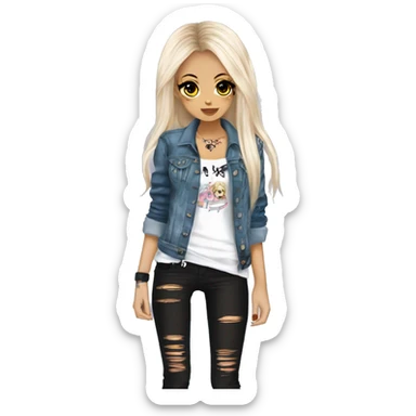 hime gyaru girl, goth, tattoos, long straight scene-style hair, white v neck tee with grunge jean jacket on as well sticker