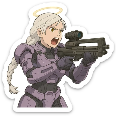 female, wearing reach spartan armor default, long white braid hair, gold yellow eyes, attention pose, halo series, no helmet, the armor is lavender color scheme, shoulder pad off. DDD bust size fitting. Punk gothic cyberpunk, brandishing a dmr, aiming down the sights and yelling sticker
