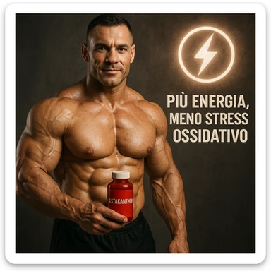 hyper realistic bodybuilder with astaxanthin and energy symbol, well visible muscles, red bottle, text 'Più energia, meno stress ossidativo', motivational atmosphere, realistic details sticker