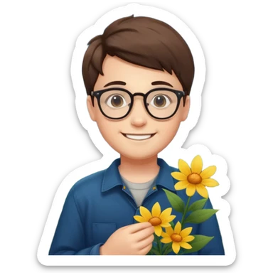 smiling boy with glasses at night holding wildflowers sticker