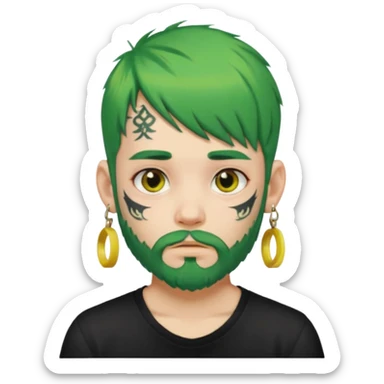 boy with bangs and green hair and yellow small hairtie on side and earrings and very heavy face tattoos and beard sticker