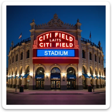 cinematic, realistic emoji of the front facade of Citi Field Stadium in New York, featuring majestic, ornate architecture, lifelike detail, bright lighting, the lights in its name sign lit, accurate colors, transparent background sticker