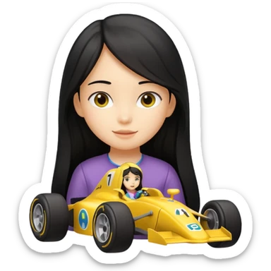 black long black haired girl kid playing yellow colored formula 1 car toy sticker