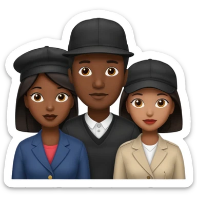 Black man with fitted hat on  with two women one black one Chinese  sticker