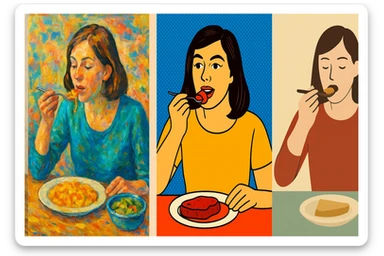 a woman eating food, diverse styles, scene 4 sticker