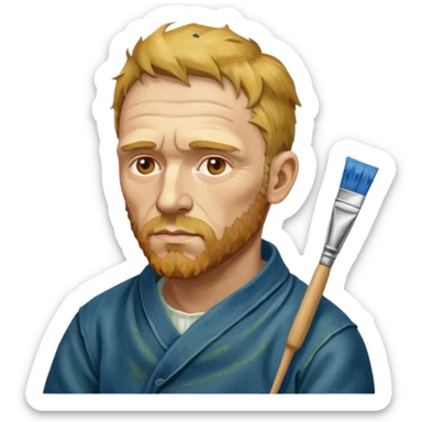 an gogh paints on a canvas. On his right ear he has a bandage sticker