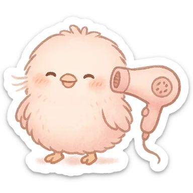 chibi cute soft fluffy hair dryer bird, blowing gentle air, happy face, soft pink, full-body sticker