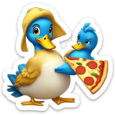 mignon canard bleu et jaune qui mange une pizza sticker