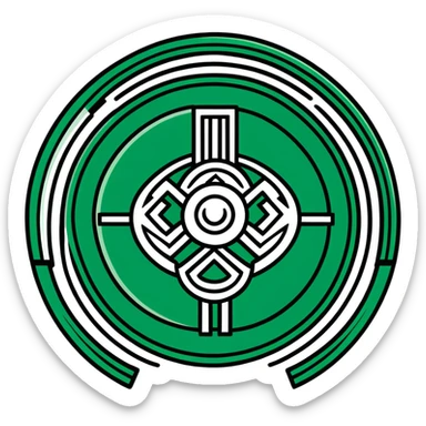 Minimalist ancient Maya symbol with clean lines, predominantly white with deep green and black accents, inspired by sacred geometry sticker