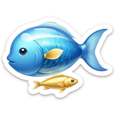 Shimmering golden capsule floating in flowing soft blue liquid currents, with an ethereal translucent fish circling around a glowing brain suspended in the fluid. Gentle waves of light pulsing outward from the brain, creating an aura of serenity, enhanced focus and mental clarity. sticker