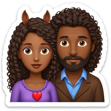 pareja de Mujer morena rizada cabello largo castaño ojos oscuros y hombre piel blanca con caballo oscuro con barba y ojos marron alrededor de la pareja corazones sticker