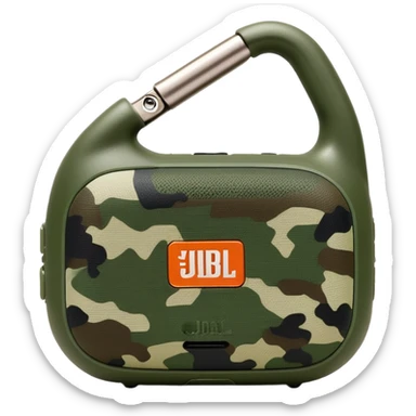 JBL Clip 4 bluetooth speaker with green camo pattern, minimalist iOS emoji style with carabiner clip sticker