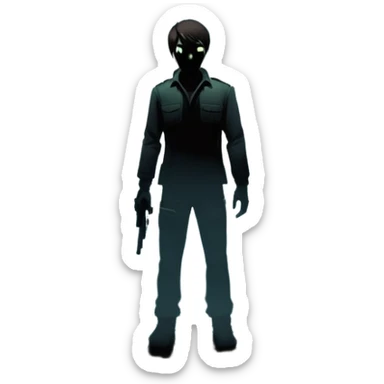 An icon featuring a dark, eerie atmosphere with a spooky environment, inspired by horror games like Resident Evil. The design includes ominous lighting, creepy shadows, and a silhouette of a character in distress. Transparent background enhances the chilling vibe of the scene. sticker