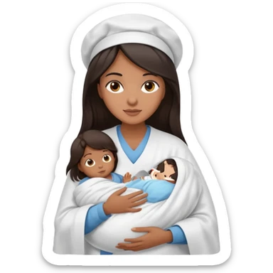 Female nurse with long dark hair with medium brown skin and brown eyes holding one new born  sticker
