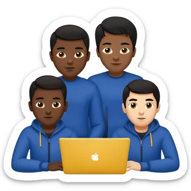 technologist using laptop coding with 2 other technologist color yellow three of it is man  that using 3 laptop the hair is black and the cloth is dark blue sticker
