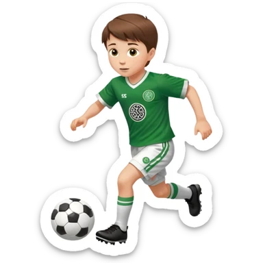 Celtic footballer jersey logo  6 years old brown hair white boy , brown eyes , stripes uniform , RUNNING  with soccer ball is number  17 celtic football logo  ONE CELTIC LOGO ONLY white shorts sticker
