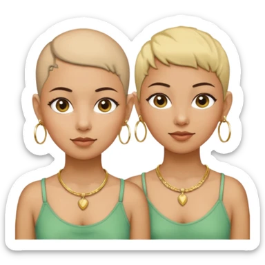 Twin sisters olive skin tone one with bald hair and one with pixie cut wearing gold hoop earrings and gold necklace sticker