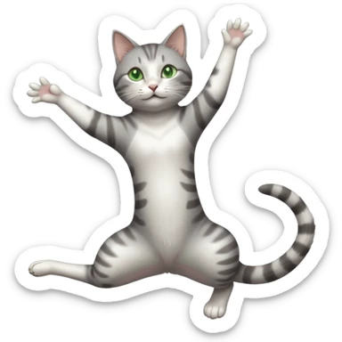 grey and white cat with green eyes doing a big extremely long stretch reaching up into the air with arms and legs side by side together straight and overextended whilst lying on its side sticker